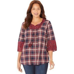 Catherines Size 3X 26 28 Plaid Floral Georgette Peasant Blouse Top Red Navy Blue